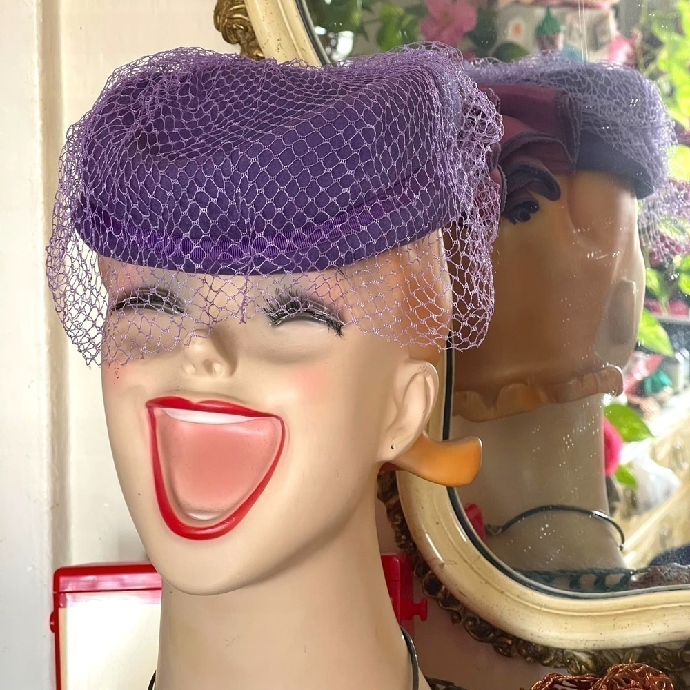 Vintage 1980s Wool Fascinator Hat Lilac Purple With Accordion Bow Original Veil - Picture 7 of 16